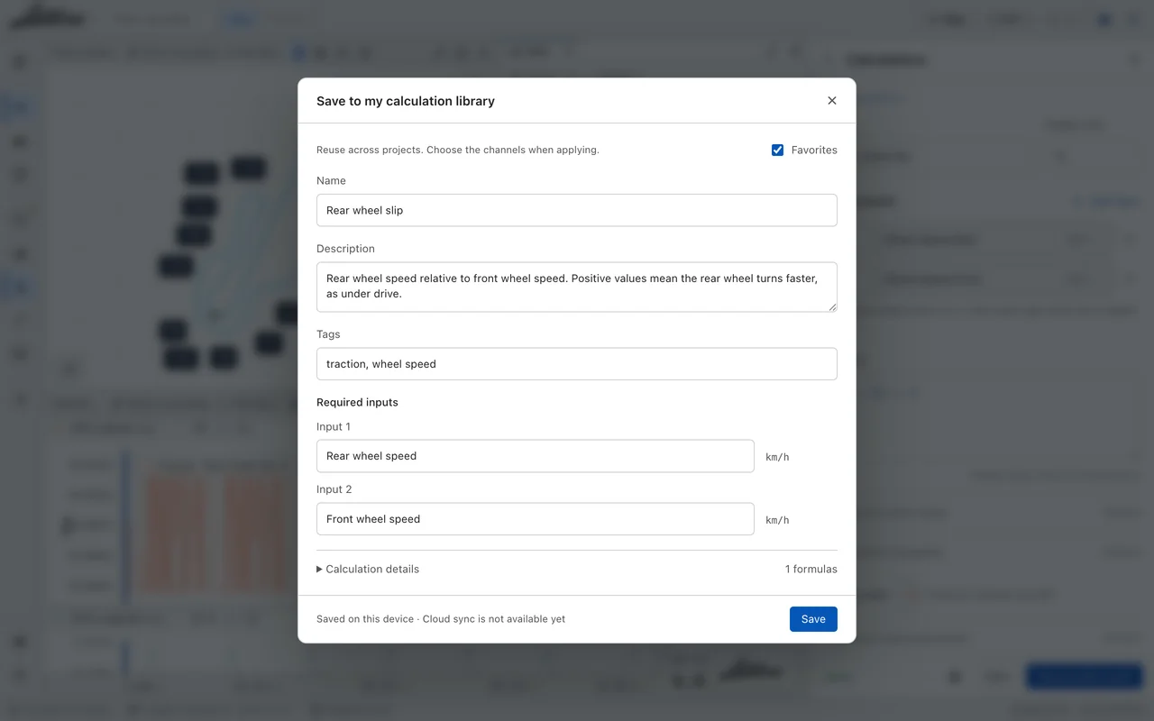 Save to my calculation library: name, description, tags and inputs