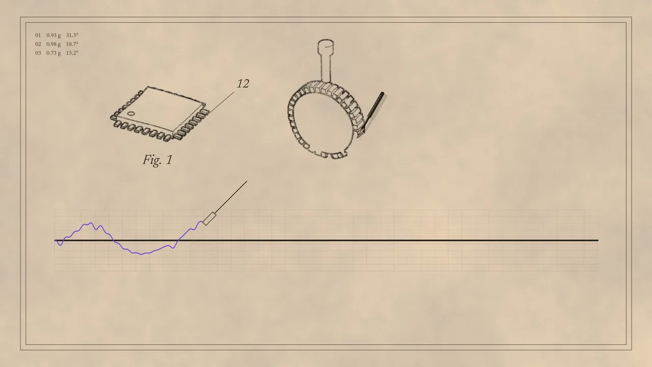 A patent drawing of sensors above a purple data trace.