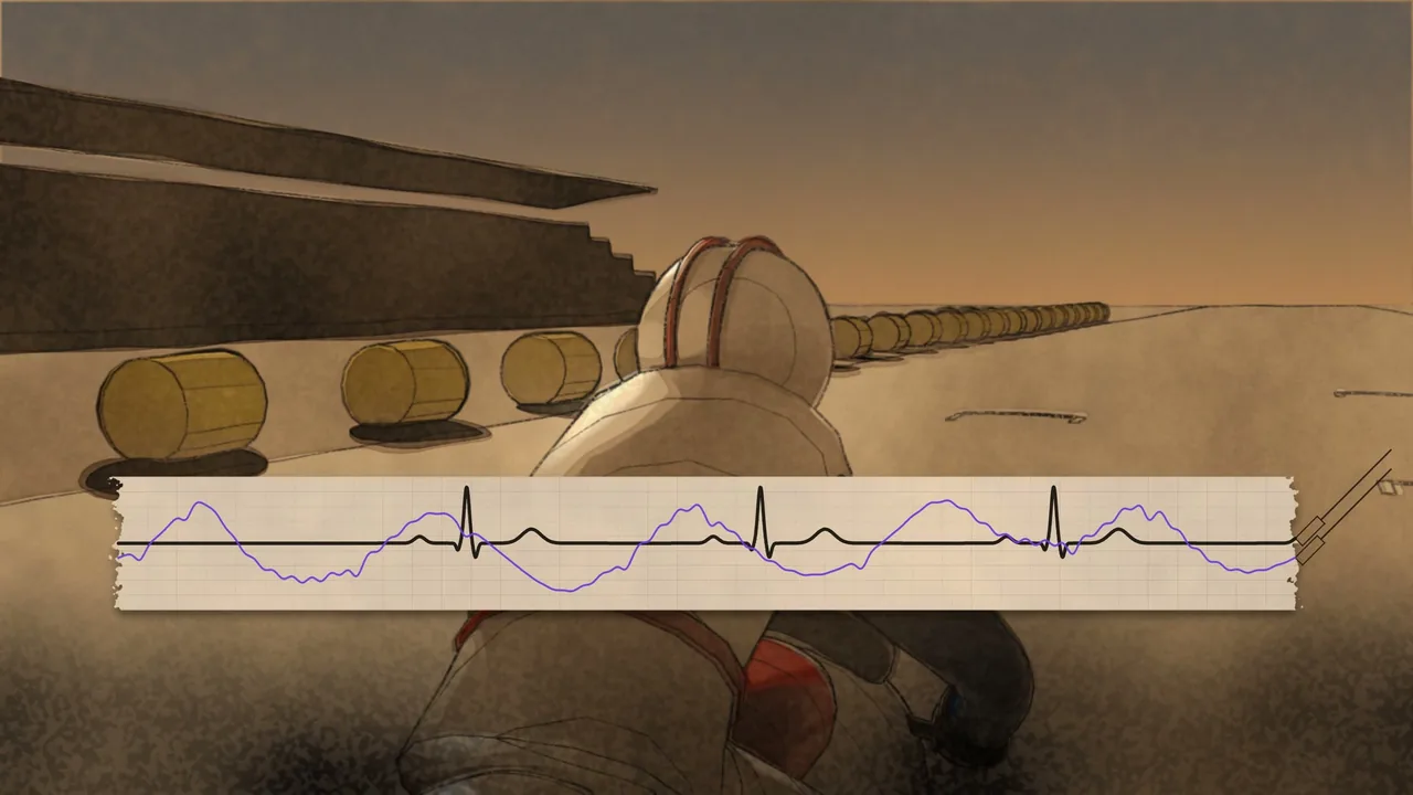 A rider on the grid at dusk, with a heartbeat trace on a paper strip.