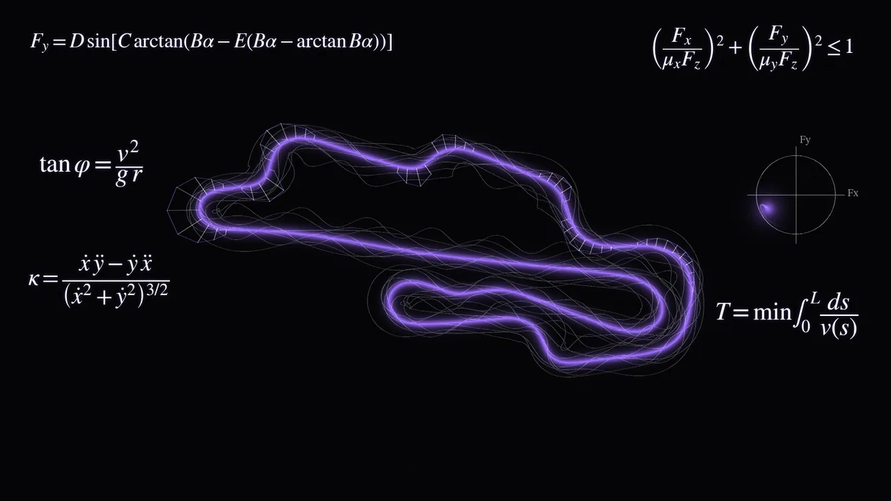 A glowing racing line surrounded by vehicle-dynamics formulas.